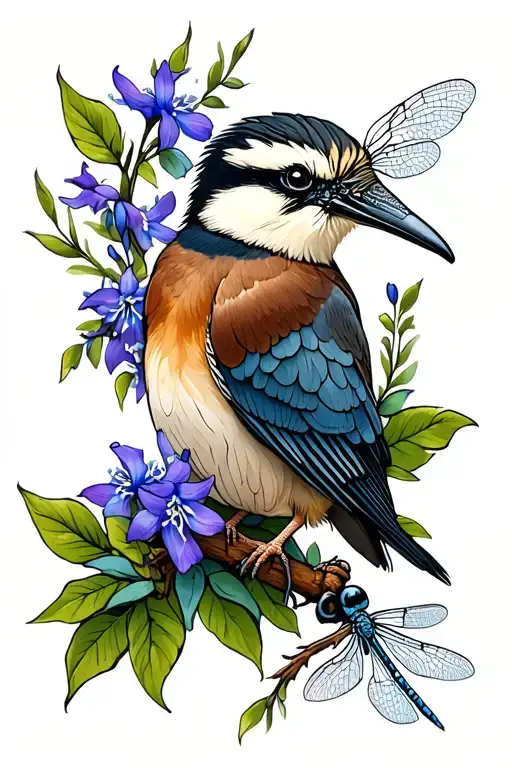 Kookaburra And Larkspur And Dragonfly