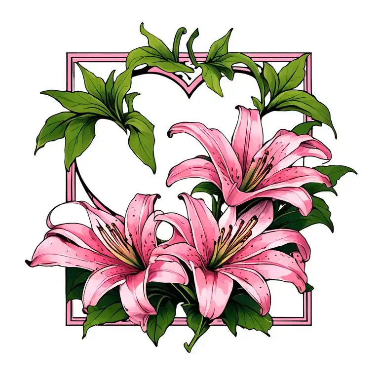 Pink Lillies With Leaves And Heart