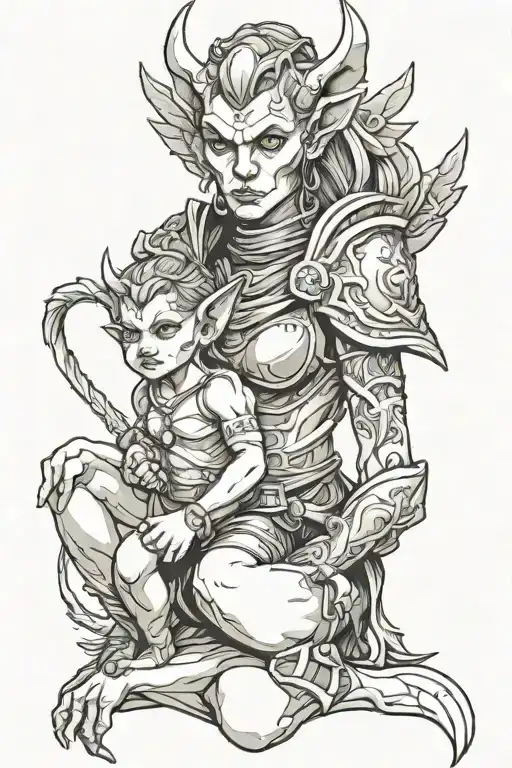 Female Gargoyle Warrior With Her Toddler