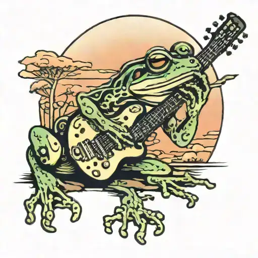 A Frog Playing A Guitar At Sunset In The Southern Countryside