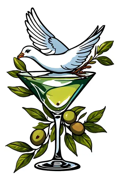Dove With An Olive Branch In Beak Flying Above Martini Glass