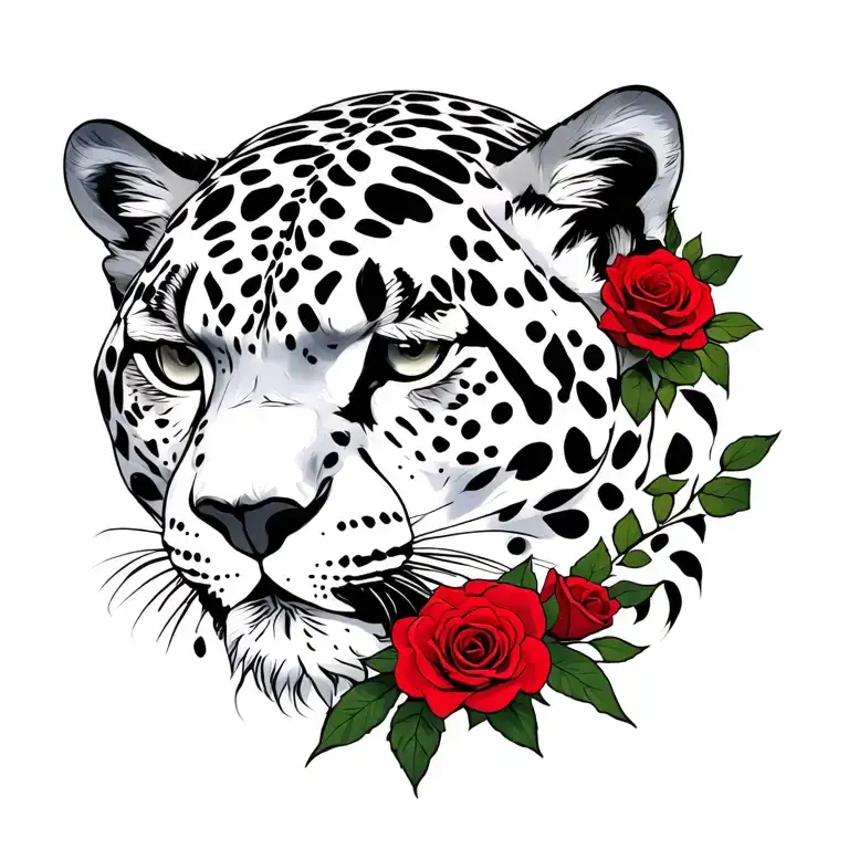 White Snow Leopard With Red Roses Intertwined
