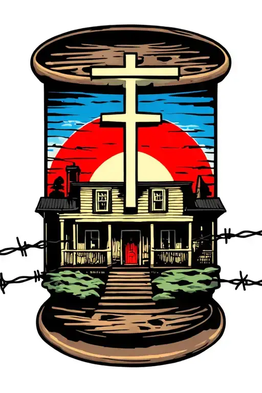 House Of Rising Sun With A Cross In Front With Barbed Wire Spool On It