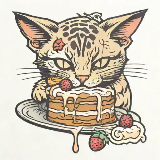 Simple Tattoo Of A Cat Eating Cake