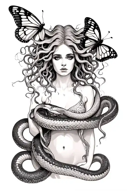 Medusa Full Body With Snakes Trying To Catch A Butterlfy In Black And Grey