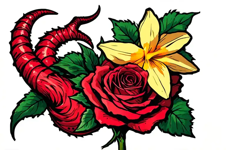 Rose With Devil Horns And A Devil Tail Wrapped Around And A Daffodil