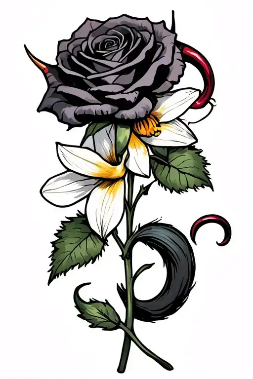Rose With Devil Horns And A Devil Tail Wrapped Around And A Daffodil