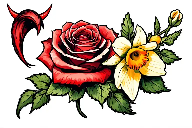Rose With Devil Horns And A Devil Tail Wrapped Around And A Daffodil