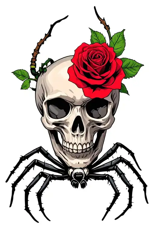 Skull With Spider And Red Rose