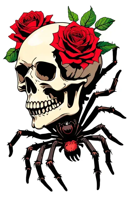 Skull With Spider And Red Rose