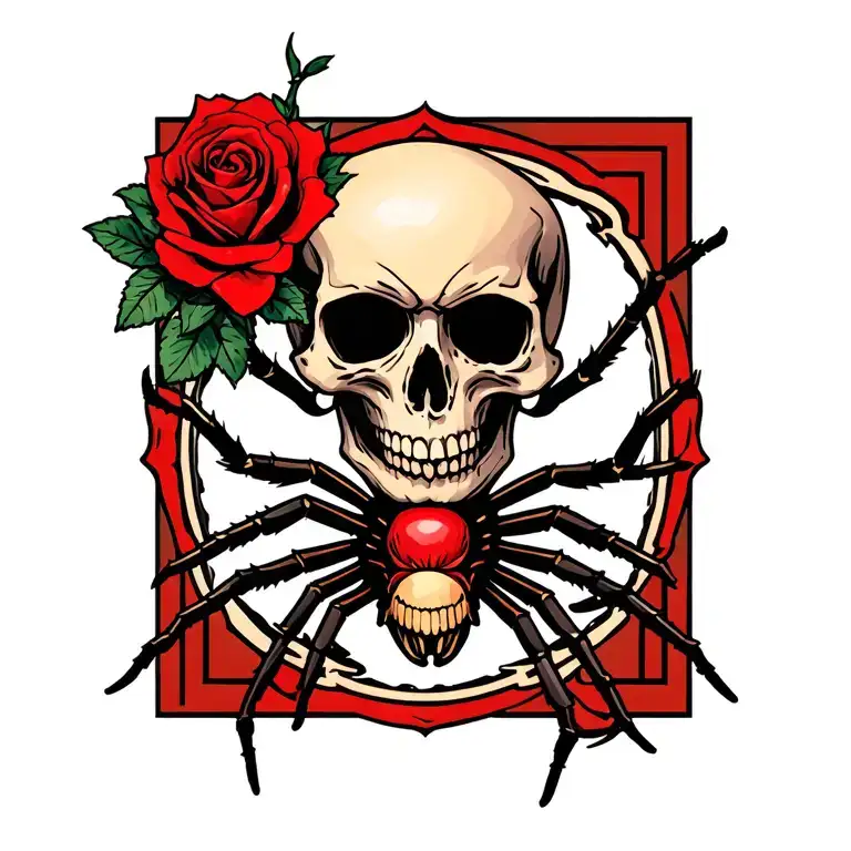 Skull With Spider And Red Rose