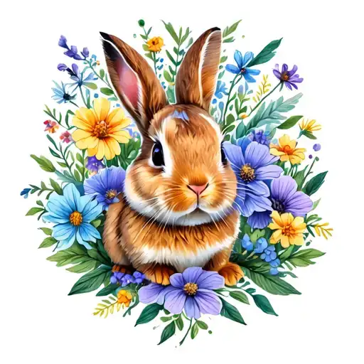 Wildflowers And Cottontail Bunny Rabbit