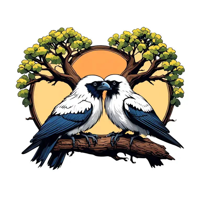 Twin White Neck Ravens Hugging In Front Of Tree Of Life