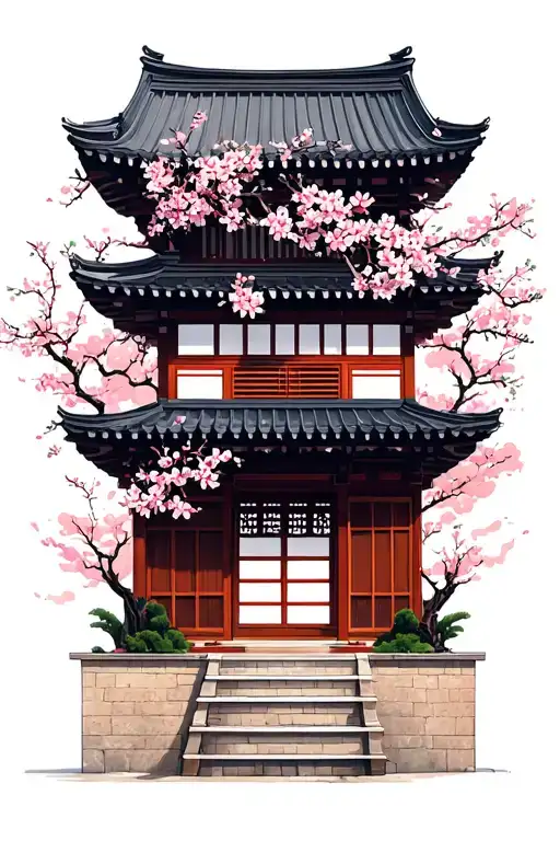 Traditional Korean House With Cherry Blossoms Wrapped