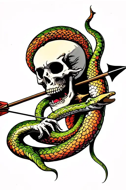 Skeleton Shooting An Arrow With A Snake Coming From Its Eyes And Mouth