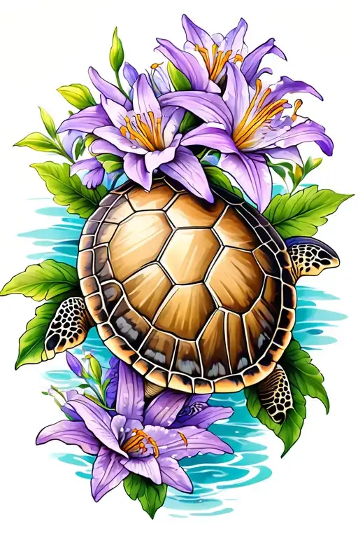 Sea Turtle With Lilac And Lily Flowers Blooming Tattoo To Be Placed Behind Left Shoulder