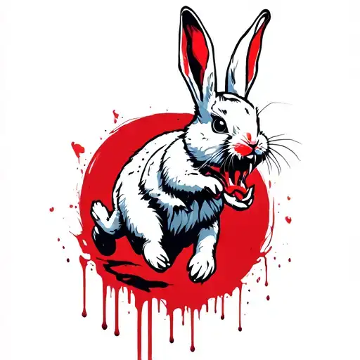 White Rabbit Running In Dark Wood With Blood Dripping From Fangs