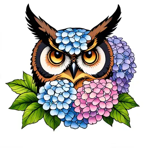 A Owl Head Surrounded By Hydrangea Flowers Blooming