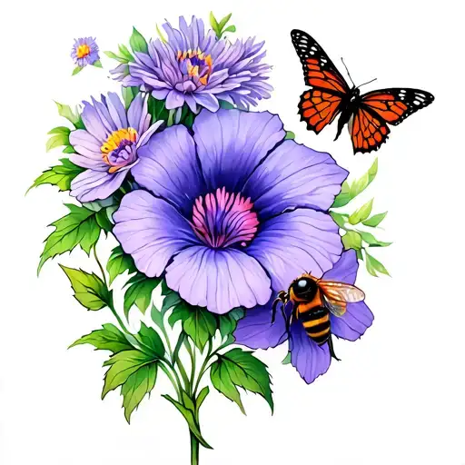 Morning Glory And Aster Flower With A Bee And A Butterfly