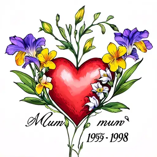 Memorial Tattoo For Mum With A Heart And Freesia Flowers The Word Mum And Dates 1959-1998