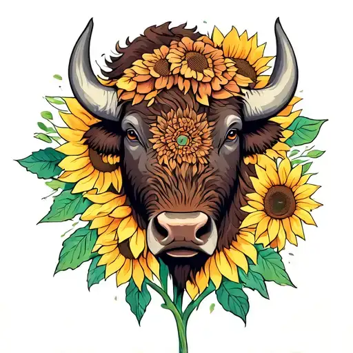 Bison Head With Sunflower Surrounded