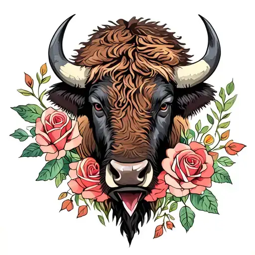 Bison Head With Roses Surrounded