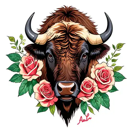 Bison Head With Roses Surrounded