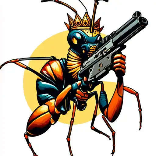 Queen Ant Holding Machine Gun Shooting