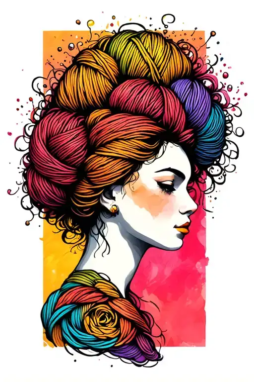 Female Face Side Profile With Yarn Exploding From Top Of Head Depicting Tangled Thoughts