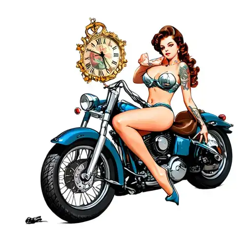 Pinup Girl Sitting On Harley With A Clock