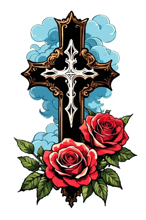 A Backgrounds Of Clouds With A Cross And Roses In The Front