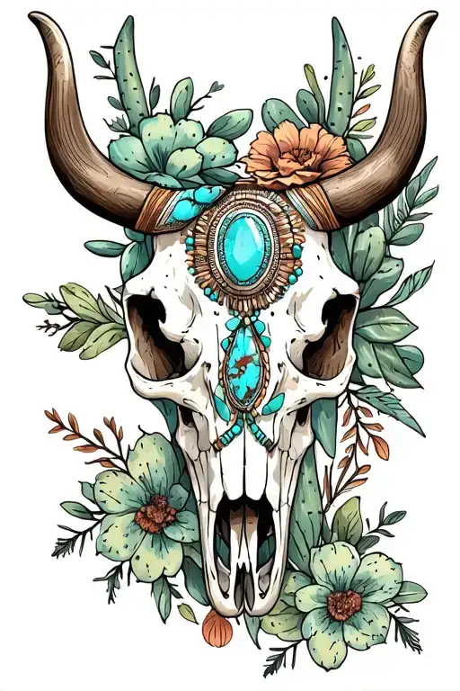 Longhorn Skull With Native Turqoise Jewelry With Cactus And Western Floral Print Around It