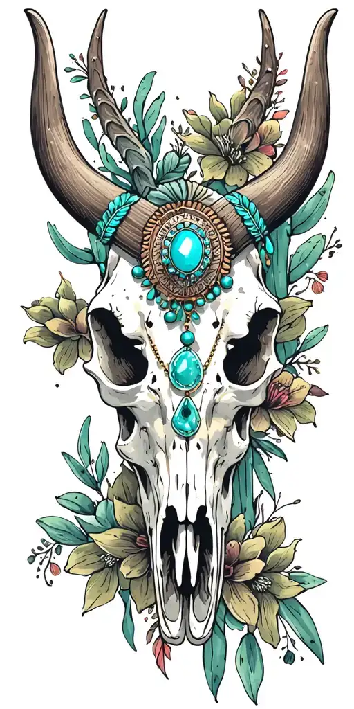 Longhorn Skull With Native Turqoise Jewelry With Cactus And Western Floral Print Around It