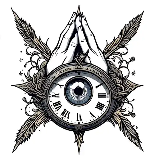 Pray Hands With Eye And Clock Surrounded