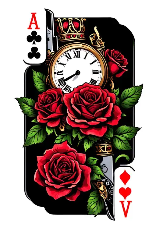 Roses With Clock Switchblade And King Of Hearts Playing Card