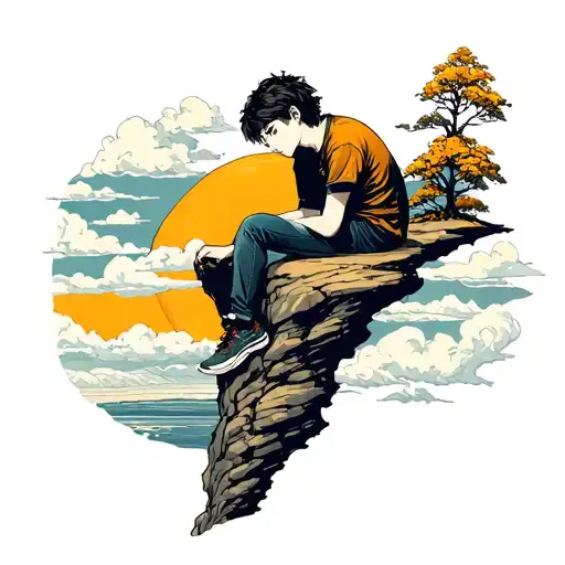 Melancholic Boy Sitting On A Cliff And Sky Sunnshine