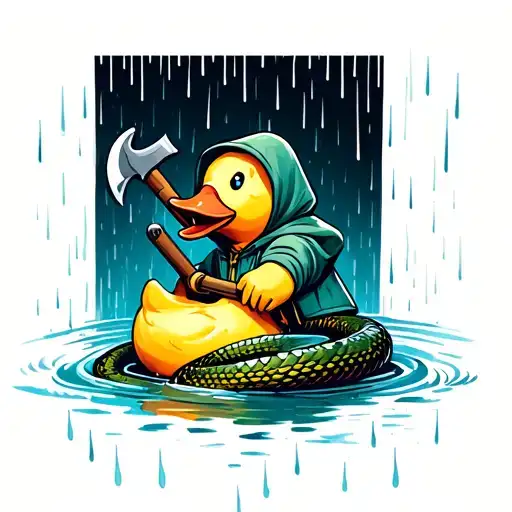 Rubber Duck Cutting The Head Off A Snake With An Ax While In The Rain Wearing Rain Coat