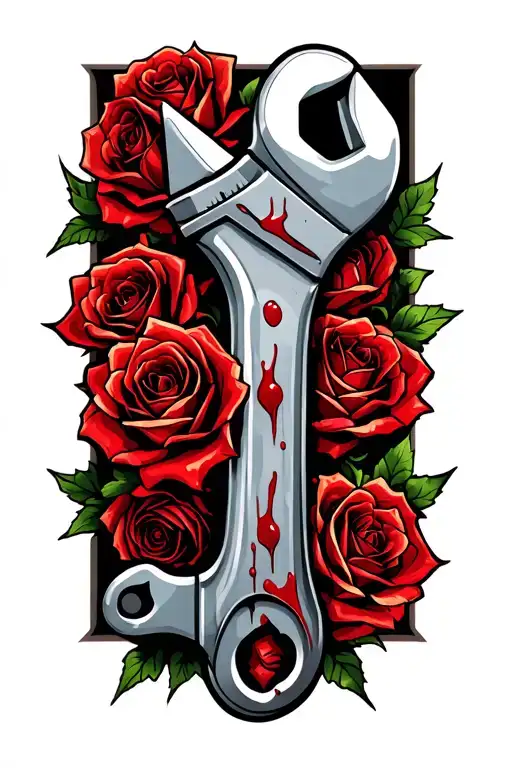 Bloody Wrench Wrapped In Thorns With Roses