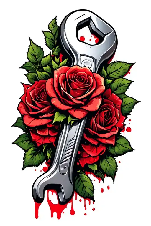 Bloody Wrench Wrapped In Thorns With Roses