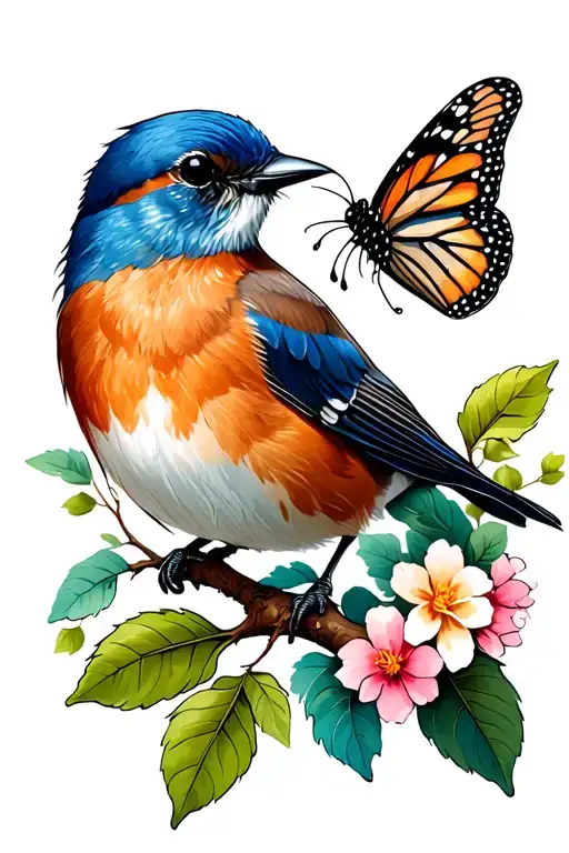 Eastern Bluebird On A Branch With Leaves And Flowers And A Monarch Butterfly