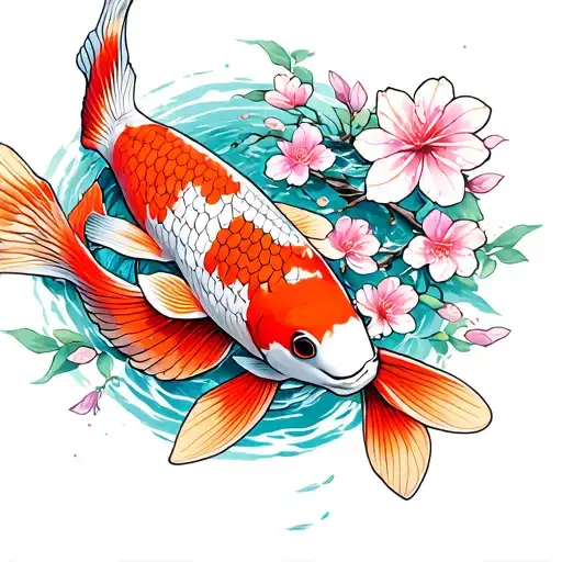 Koi Fish With Sakura Flowers And Torii Gate