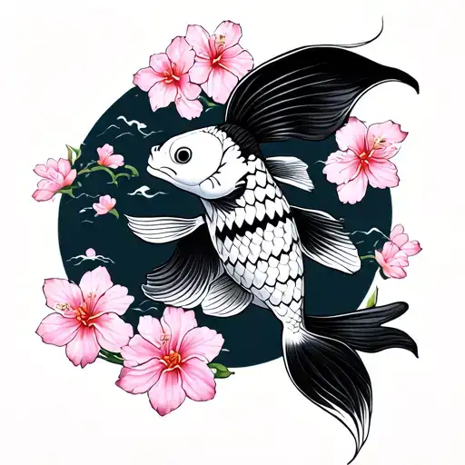 Black And White Koi Fish With Pink Sakura Flowers And Torii Gate