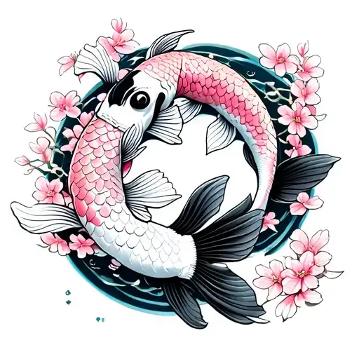 Black And White Japanese Koi Fish With Pink Sakura Flowers And Torii Gate