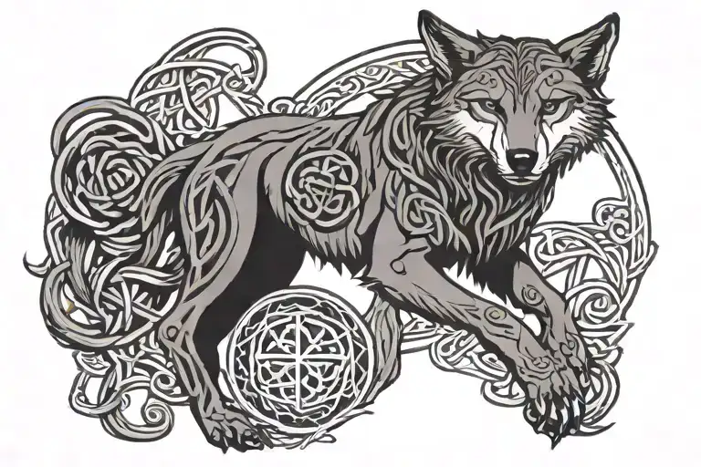 Celtic Sleeve Tattoo Design Combining Elements Wolf And Cross On Forearm