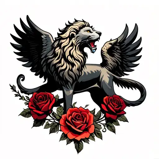 Winged Lion Stalking With Red And Black Roses Surrounded