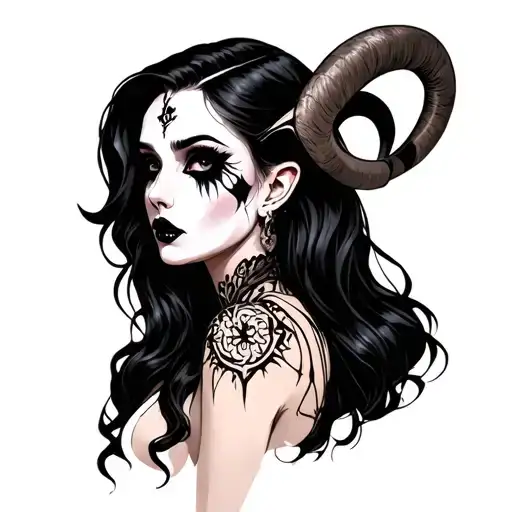 Beautiful Vampire Woman With Black Eyes And Horns Like A Ram Tattoo Style