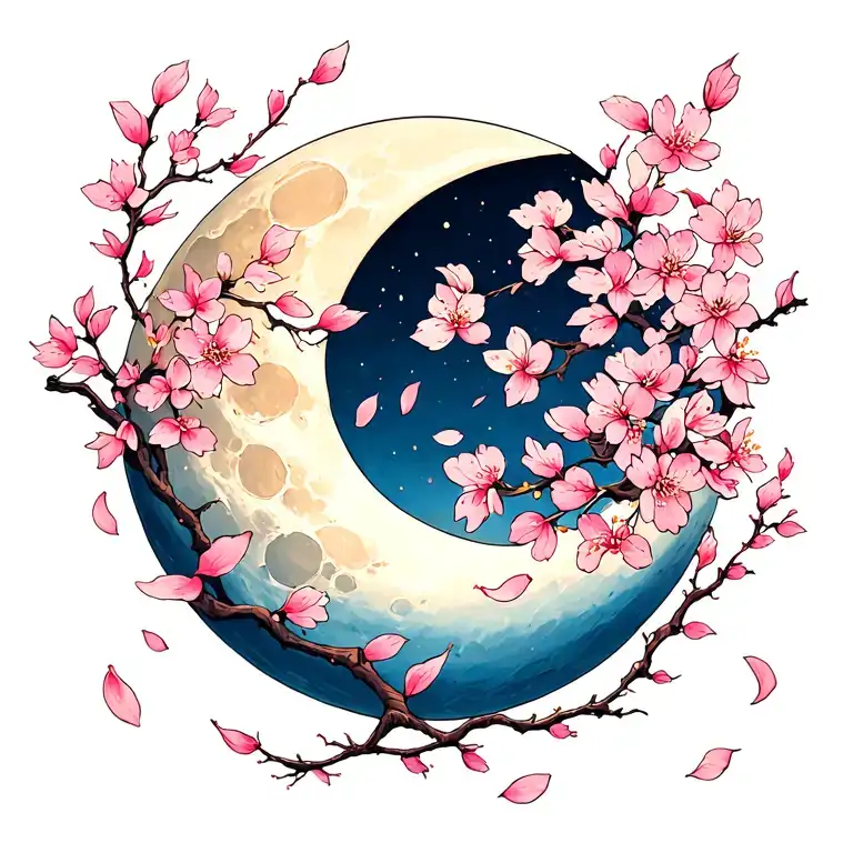 Waning Cresent Moon With Cherry Blossom Petals Falling In Color