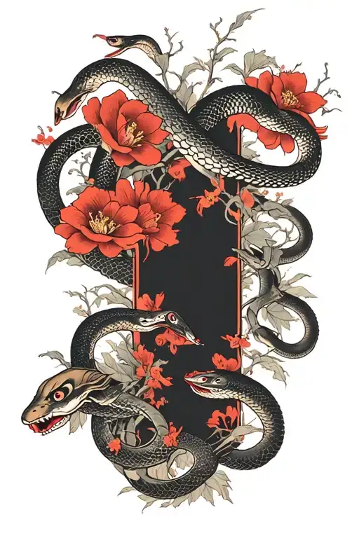 Arm Sleeve Tattoo Japanese Style Dark Contrast With Red Flowers And Snakes For Cover Up