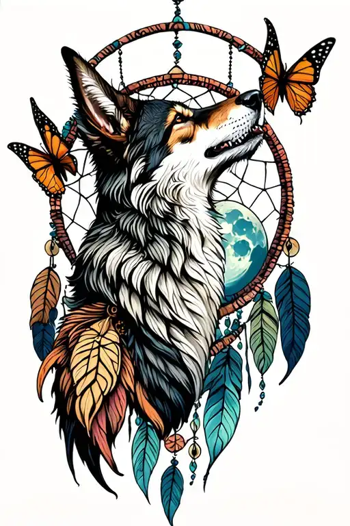 Butterfly Dream Catcher Wolf Howling At The Moon