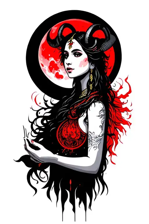Aries Goddess Holding Red Moon